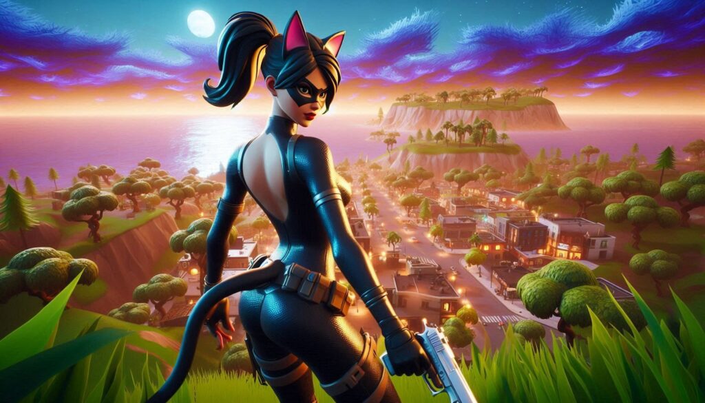 Fortnite-style cat-eared catsuit outfit holding a sword on the island, illustrating sought-after legendary skins