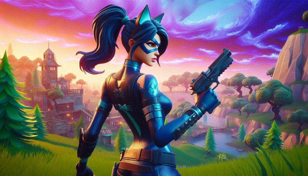 Fortnite-style cyber outfit with cat ears holding a pistol, the kind of OG skin that sells instantly