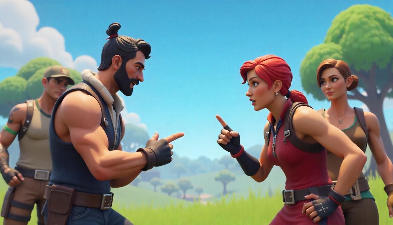 Fortnite Impostors mode scene with two characters pointing at each other in a social-deduction accusation moment