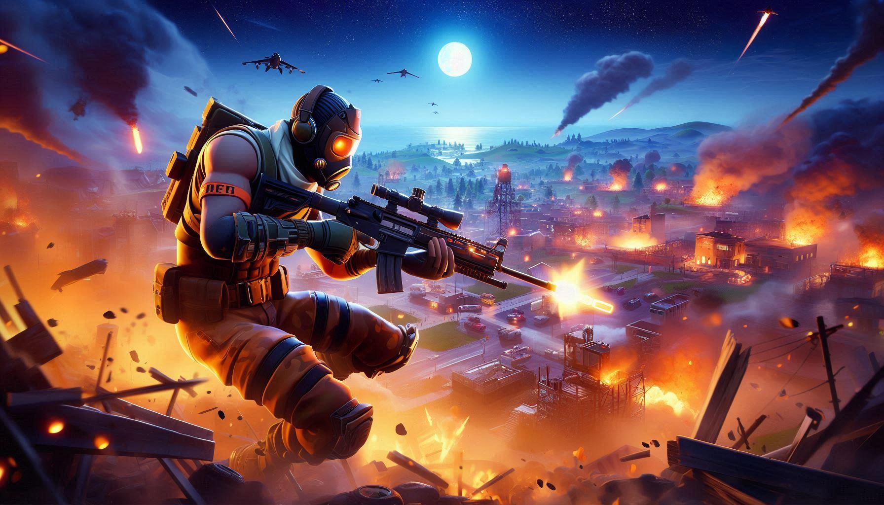 Fortnite soldier character sniping over a burning POI, showing aggressive Gold Bars farming gameplay