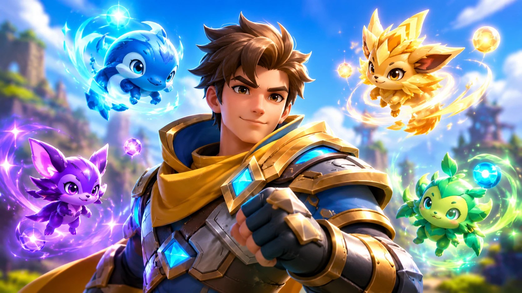 A hero flanked by four small glowing collectible sprite creatures with colored buff auras, Fortnite Season 3 Sprites