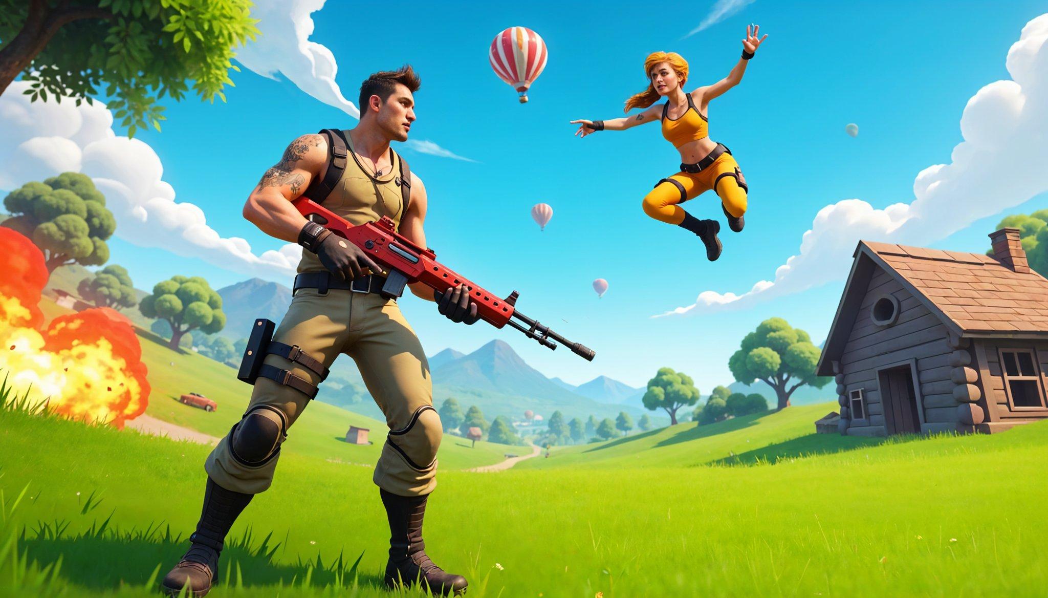 Fortnite One Shot LTM scene with a player holding a sniper rifle as another character floats in low gravity