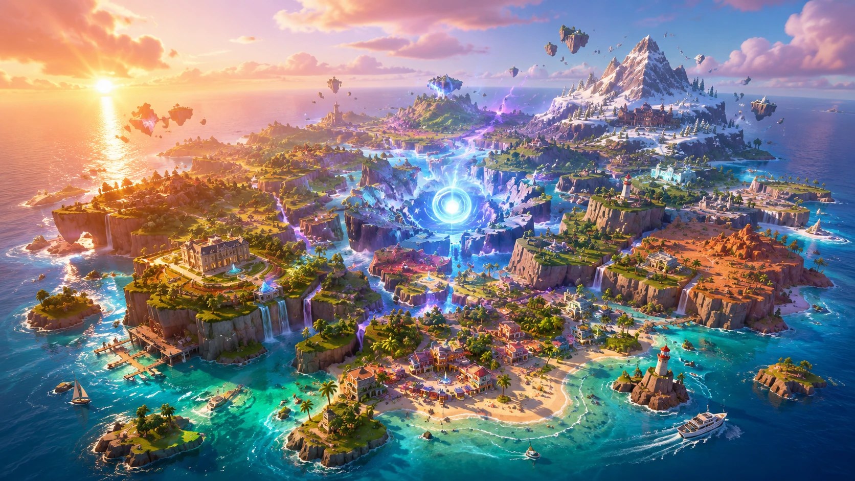 Aerial view of a reshaped tropical island at sunset with a glowing Zero Point orb at its center, Fortnite-style map