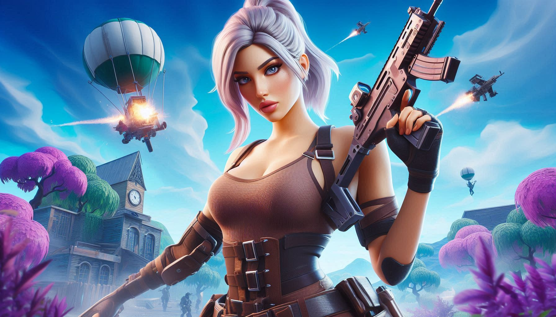 Fortnite female character skin with AR on a colorful battle royale map, showing the game running via Linux VM